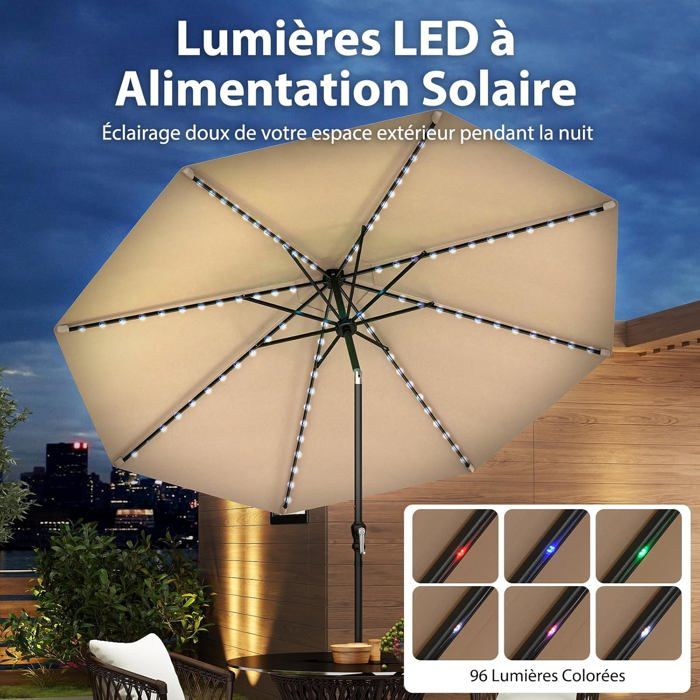GIANTEX Parasol Extérieur 300 CM avec 96 Lampes LED Solaires Parasol Inclinable avec Manivelle 8 Baleines Sans Base