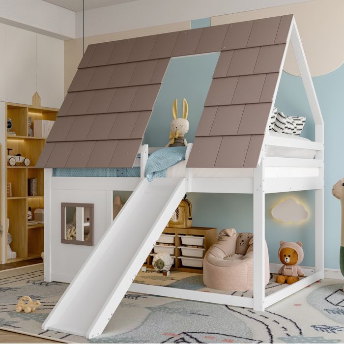 Lit mezzanine enfant 140x200 cm avec toboggan. lit cabane. design maison. sans matelas. MDF. blanc