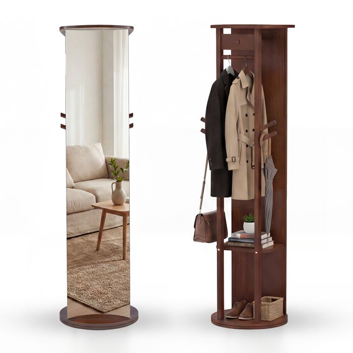 COSTWAY 3 en 1 Armoire à Miroir sur Pied avec Porte-Manteau Base Pivotante à 360° 2 Étagères 2 Tringles à Vêtements 44 x 168 cm