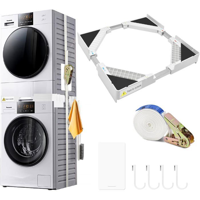 Kit de superposition lave-linge sèche-linge - TRAHOO - Cadre réglable 445 à 70 cm - 8 patins anti vibrations - Trahoo