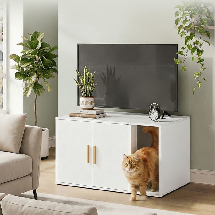 Meilleurs prix pour Maison pour Chat à Double Porte Armoire Cache-Litière Table d’Appoint Entrée Frontale 80 x 50 x 45 cm Blanc
