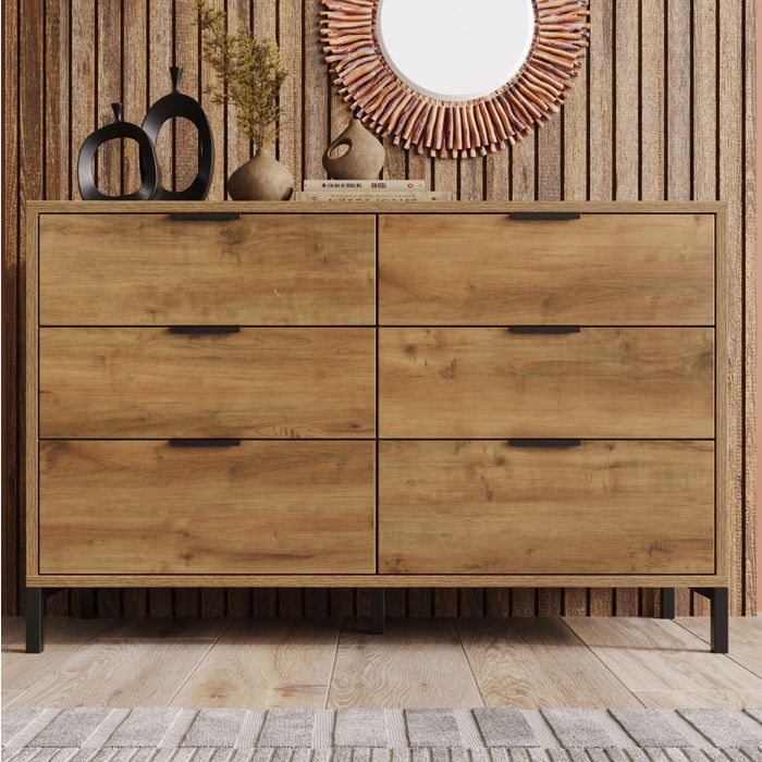 Commode industrielle en chêne foncé avec 6 tiroirs