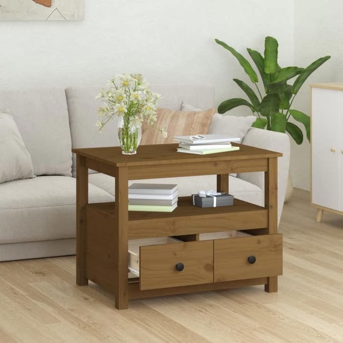 HOT SALE*Table basse élégante - Support 20 kg - SHELD - Table à café - Marron miel 71x49x55cm Bois massif de pin M2791038