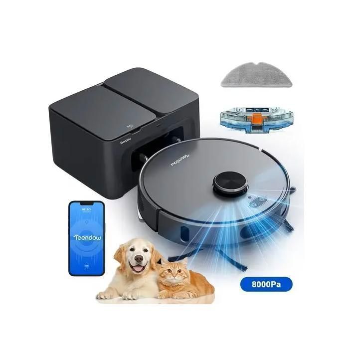 Teendow D10S MAX Aspirateur robot serpillière 3-en-1 – 8000 Pa – LiDAR+3D – Cartographie – 5200 mAh – Auto-recharge – Compatible APP - Teendow