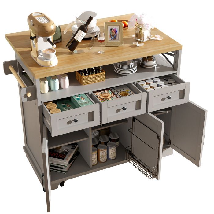 VLIVRA Desserte de cuisine - 3 tiroirs plateau rabattable roulettes - pour cuisine - en MDF et métal - 118×43×98 cm - gris