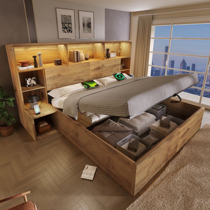 lit double 160x200 cm lit coffre avec tables de chevet intégrées LED & USB-C Lit en bois chêne