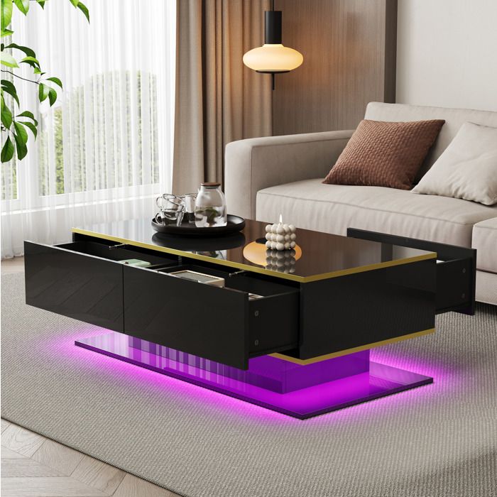 Table basse noire et dorée avec LED 3 tiroirs et niche ouverte