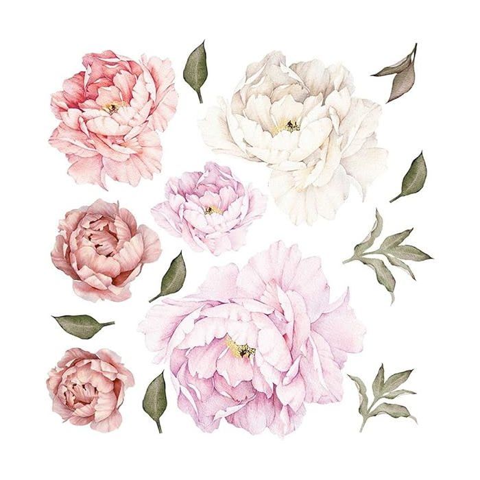 - [6 pièces] Stickers muraux fleurs PIVOINES grand romantique I Autocollant mural fleurs rose blanc past OBJET DE DECORATION MURALE