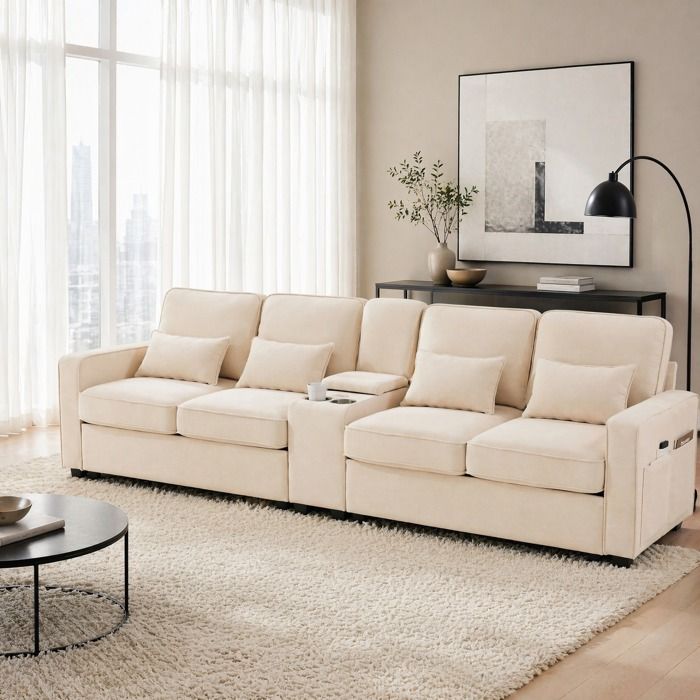 Canapé fixe 4 places en tissu effet lin avec console centrale 2 porte-gobelets 2 ports USB 4 coussins beige - UVRION