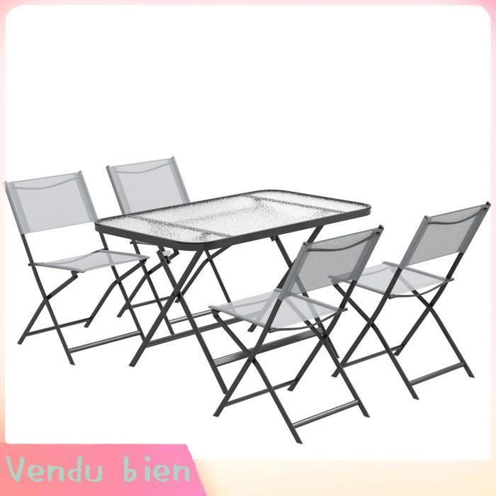 LIA Ensemble jardin 5 pièces chaises textilène verre gris