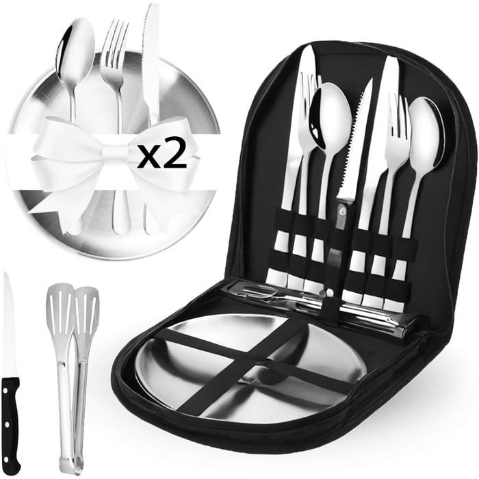 Set Couvert Camping 2 Personnes 12 pièces vaisselle inox avec sac rangement réutilisable et portable pour voyages camping ra - 2