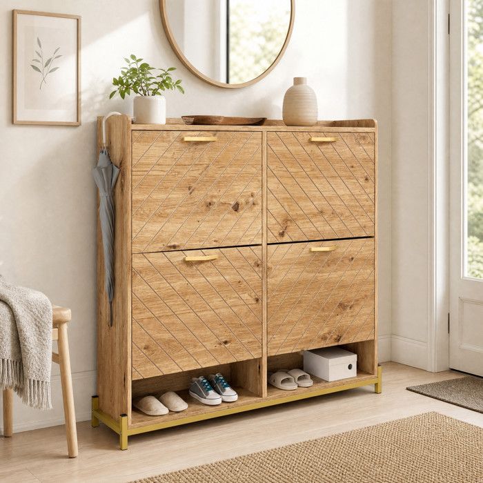 ELVORIN meuble à chaussures 108 5 x 24 x 100 cm MDF finition bois 4 portes pieds en métal