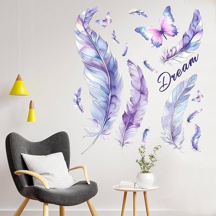 Stickers Muraux Plume Autocollant Mural Papillon Violet Stickers Muraux pour Salons Chambres Bureaux Canapé Fond Décorat STICKERS