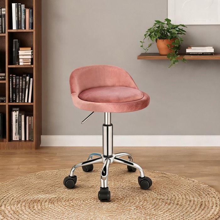 Tabouret de bureau polyvalent pivotant réglable en hauteur revêtement velours rose et structure métal chromé assise 30x30 cm