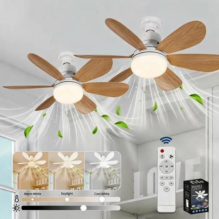 2Pcs Ventilateur de Plafond avec Lumière et Telecommande LED 40W E27 Lampe Ventilateur3 Vitesses Silencieux pour Salon Chambre