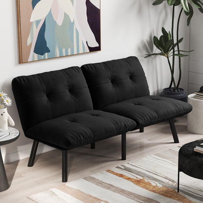 WOVREO canapé convertible 2 places noir pliable sans accoudoirs en velours avec structure métallique