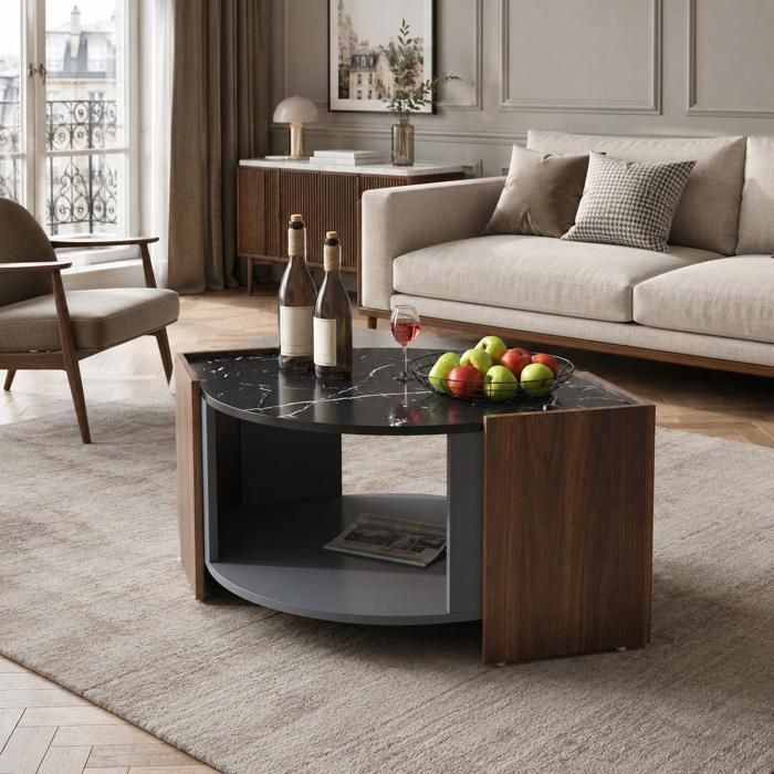 Table Basse de Salon 965x63x40 cm COZHYESS Table Basse Effet Marbre Noir et Noyer Rangement Ouvert Design Graphique - Noir Bois