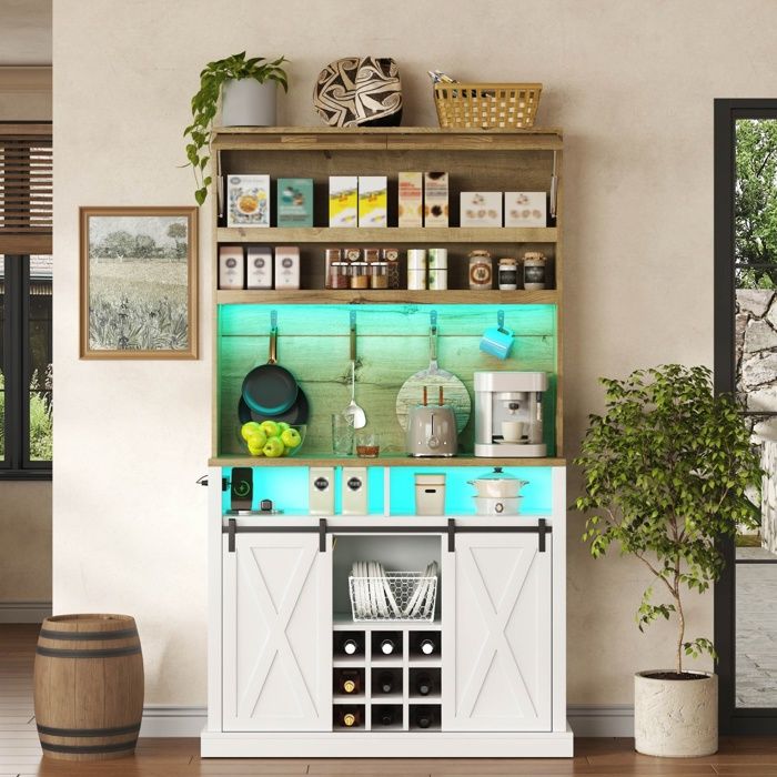 Buffet de cuisine haut 110 x 40 x 191 cm avec vitrine éclairage LED et prise intégrée - Naturel et blanc