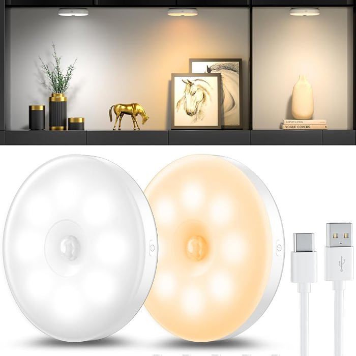 Lot de 2 veilleuses avec détecteur de mouvement Lampe LED rechargeable USB à trois couleurs Lumiere detecteur de mouvement Bnc