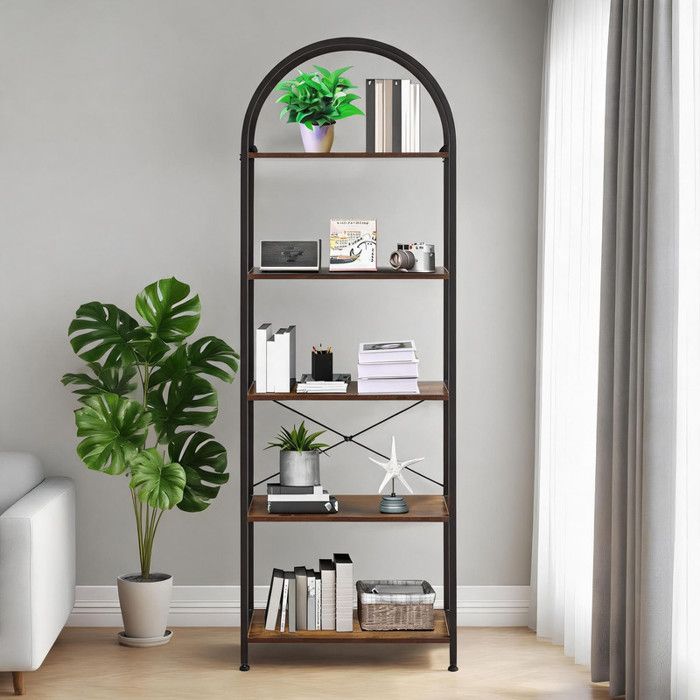 Bibliothèque étroite 5 niveaux–étagère ouverte autoportante –Cadre métal style industriel– 60x28x180 cm –Kit anti-basculement – Noir