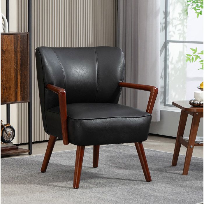 Fauteuil de salon et chambre en similicuir rembourré avec accoudoirs et pieds en bois