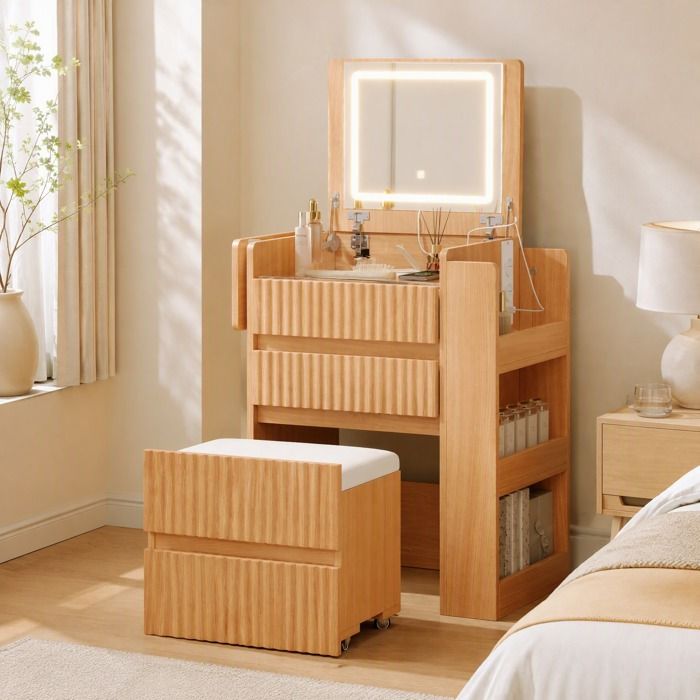 Coiffeuse miroir LED rabattable 3 modes 2 prises USB Type-C 3 tiroirs plateau latéral pliable Natural MDF VEVXYN