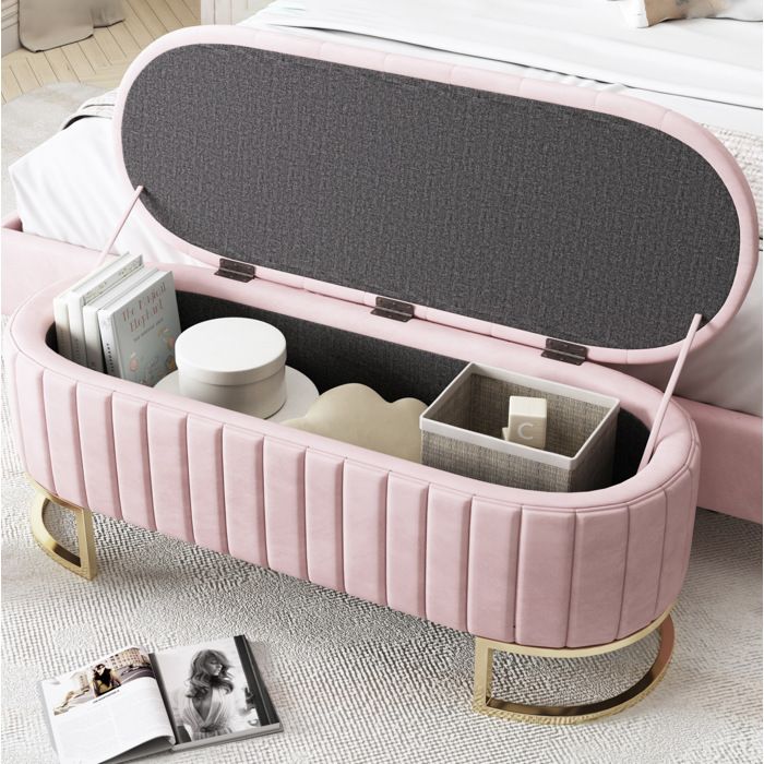 Banc coffre de rangement 120 cm en velours rose – assise rembourrée pieds en métal