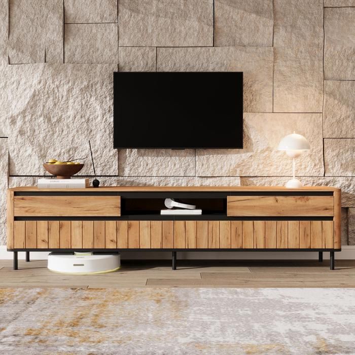 Meuble TV 180cm Meuble TV Bas avec 2 Tiroirs et 2 Portes Pliantes 6 Pieds en Métal Pour Téléviseurs jusquà 75 Banc TV Pour Salon