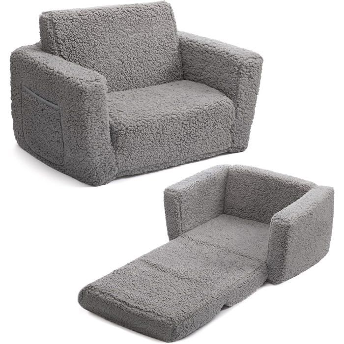 Fauteuil enfant convertible en canapé-lit 2-en-1 - Sherpa doux 43 2 x 60 x 43 2 cm - Housse déhoussable gris