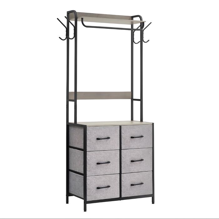 Armoire 6 tiroirs 40x78x191cm - Penderie 4 crochets rangement - Structure métal robuste - Noir gris PB tissu - Entrée chambre