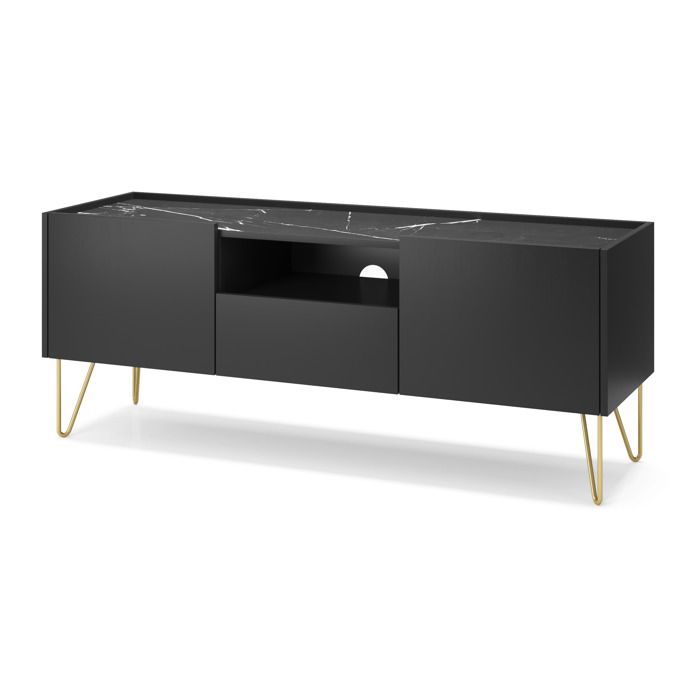 Meuble TV - 3XE LIVING - 144x55x37 cm - Noir graphite/marbre noir - Panneau laminé - Pieds métal tiroir
