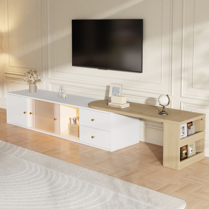 Meuble TV LED 175 x 40 x 38 cm Meuble de rangement salon avec 2 tiroirs 2 portes coulissantes en verre blanc et bois