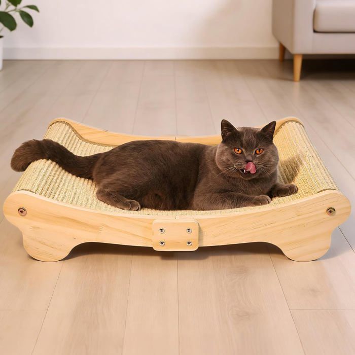Griffoir pour chat - Grattoir en sisal et lit incurvé 2 en 1 en bois massif avec design ergonomique pour tous les chats