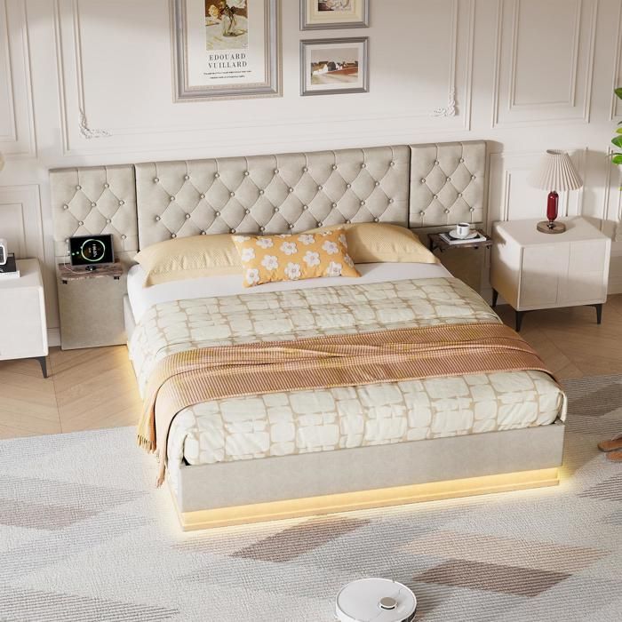 Lit 140x200cm - Lit coffre 140x200 - Lit double LED avec tête de lit large et tables de chevet intégrées - en lin beige Lit 140x200cm - Lit coffre 140x200 - Lit double LED avec tête de lit large et tables de chevet intégrées - en lin beige