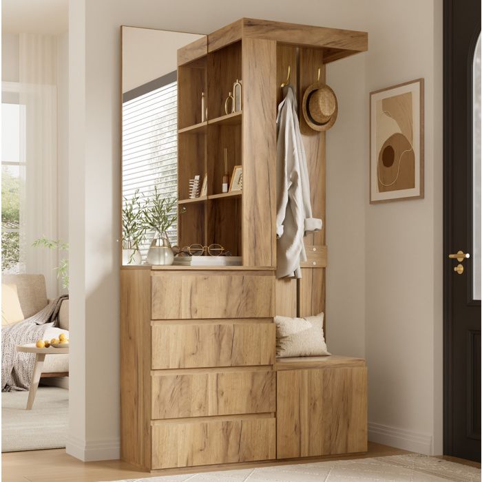 ROVRYN Meuble d’entrée vestiaire 100 x 35 x 180 cm avec miroir 4 tiroirs 1 porte naturel