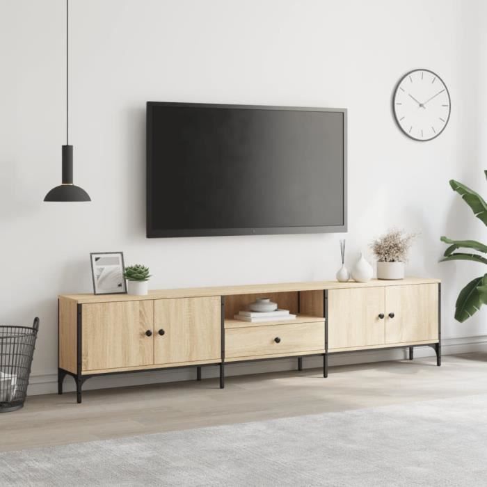 Meuble TV - AKOZON - Chêne sonoma - 200x25x44 cm - Bois dingénierie - Design contemporain