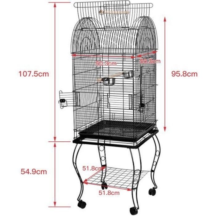 kangfun-cage à oiseaux en fil, cage pour perroquets avec mangeoires et perchoir 50,3x50,3x95,8cm noir