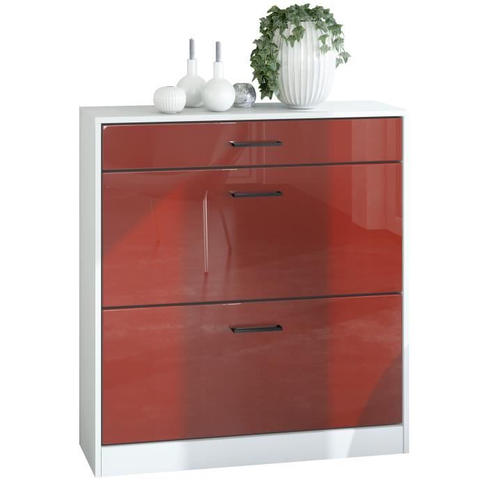 Vladon Meuble à chaussures inclinable Elvas – 89 x 95 5 x 27 cm – Caisson en Blanc mat façade en Bordeaux haute brillance
