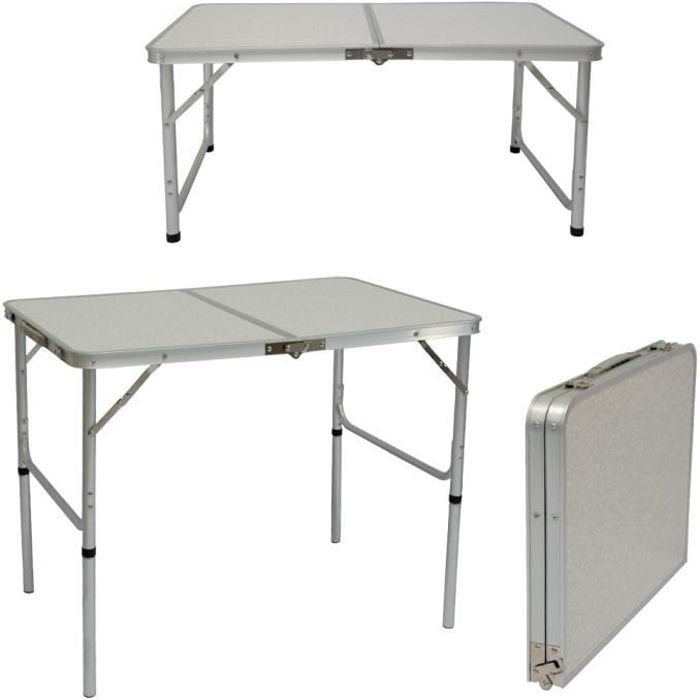 table de camping portable 3kg pliante en mallette 90x60cm  aluminium gris clair