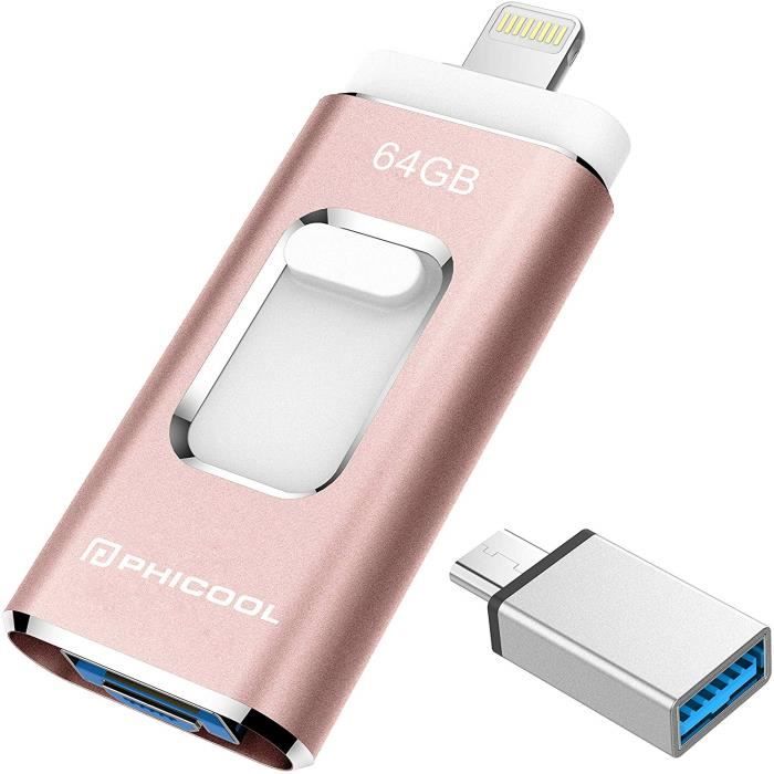 Clé USB 3.0 64 Go Compatible pour iPhone - PHICOOL - Extension de Stockage Mémoire Stick - Rose