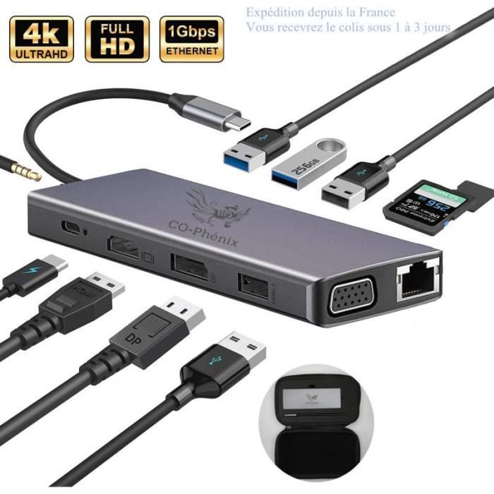 HUB Adaptateur USB C, USBC vers HDMI et VGA, Ethernet RJ45, Port Audio,  Lecture Carte SD-TF, Port PD 100W, Ports USB 3.0, 10en-1 C - Cdiscount  Informatique