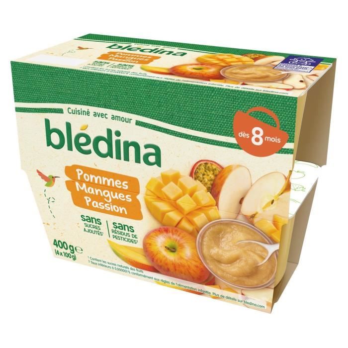 BLEDINA Compotes bébé Pommes Mangues Passion - Dès 8 mois - 4 pots