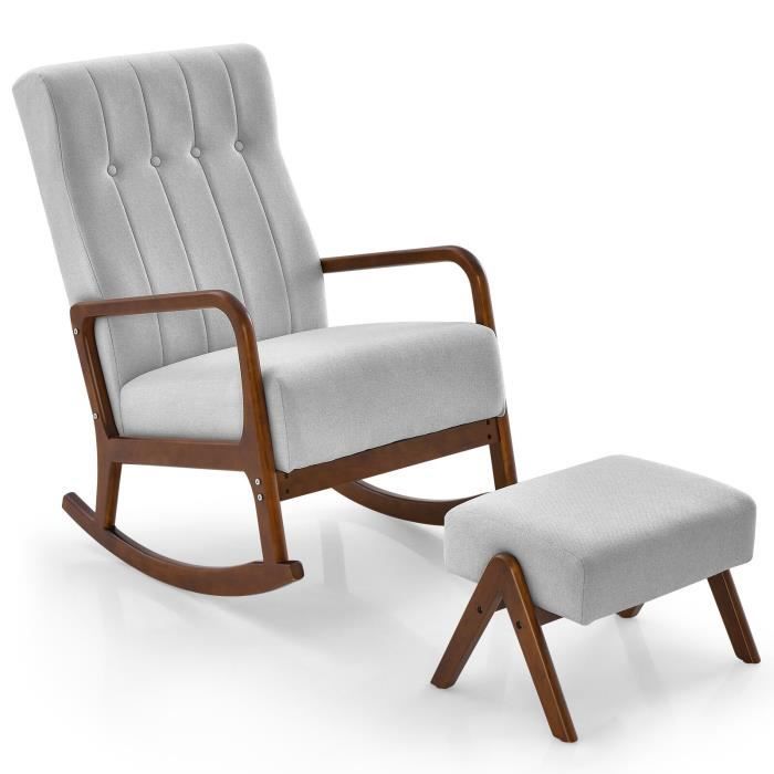 costway fauteuil à bascule avec ottoman, en tissu rembouré cadre en bois d'hévéa massif et coussin rembourré capitonné, gris