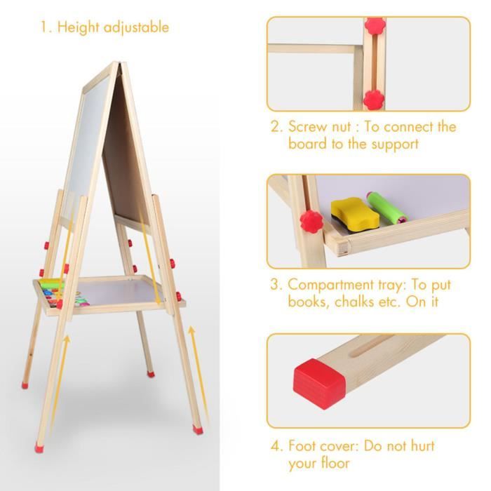 Chevalet D'Art Pour Enfants En Bois Double Face - Tableau Blanc & Noir Avec Rouleau De Papier, Hauteur Réglable 78-124 Cm, Plateau Rangement, Dès 3 Ans