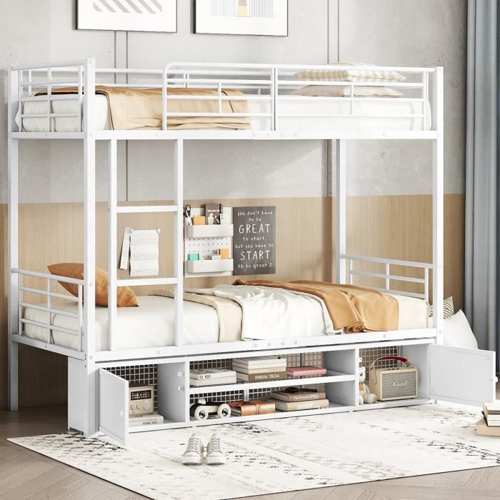Lit superposé - Blanc - 90x200cm - Métal + MDF - Échelle incluse - Rangement intégré