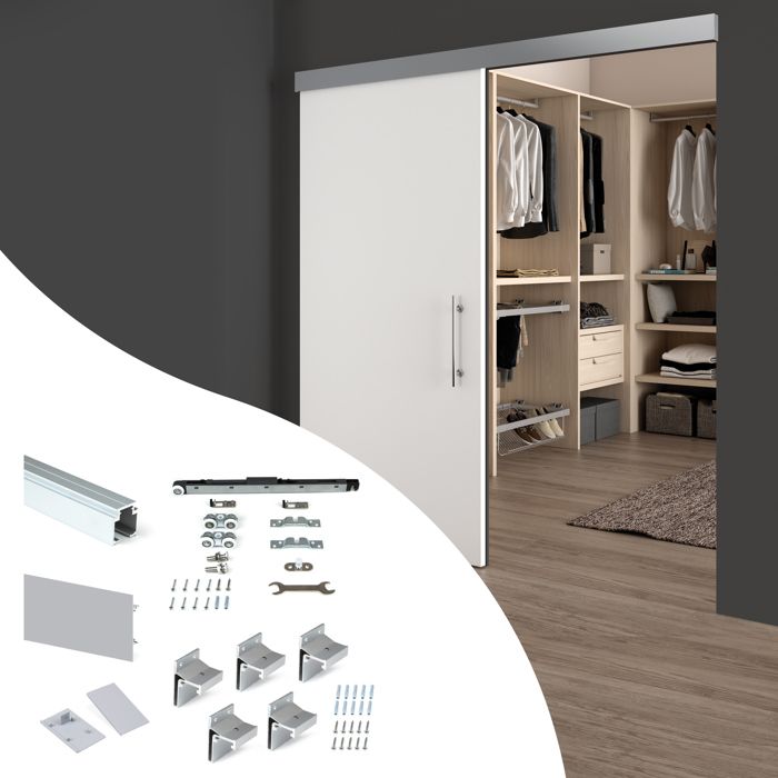Emuca Kit de Railway Système coulissantes pour portes coulissantes en bois avec fermeture souple 80kg Aluminium Anodisé mat