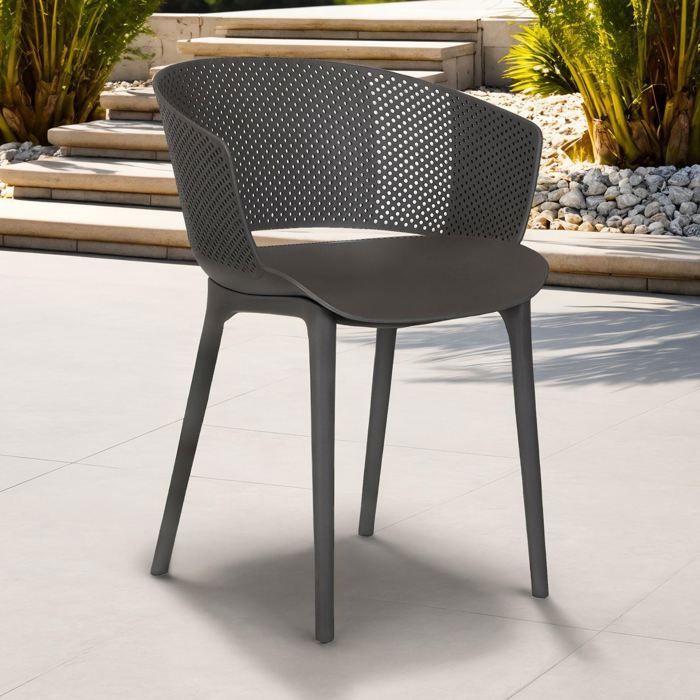 Lot de 4 chaises de jardin OLINDO en plastique gris chaise dextérieur pour terrasse avec protection anti-UV Lot de 4 chaises de jardin OLINDO en plastique gris chaise dextérieur pour terrasse avec protection anti-UV
