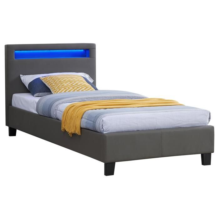 lit simple adulte/enfant luceno avec sommier 90x190 cm, tête de lit led intégrées, synthétique gris