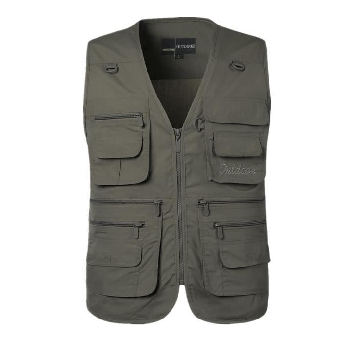 Homme Gilet Photographe sans Manche Veste Multi-Poche Durable Respirant Beige L