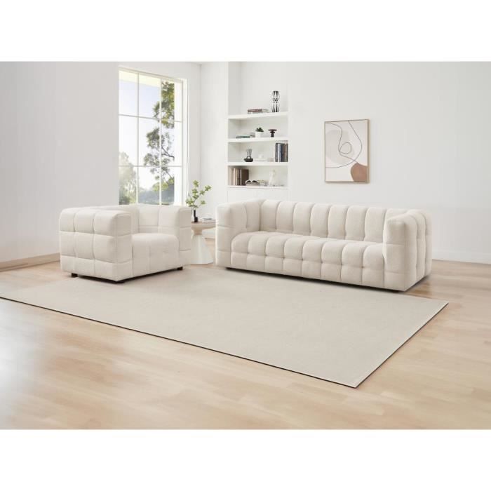 Canapé 3 places et fauteuil en tissu bouclette blanc ivoire LERICI de Pascal Morabito